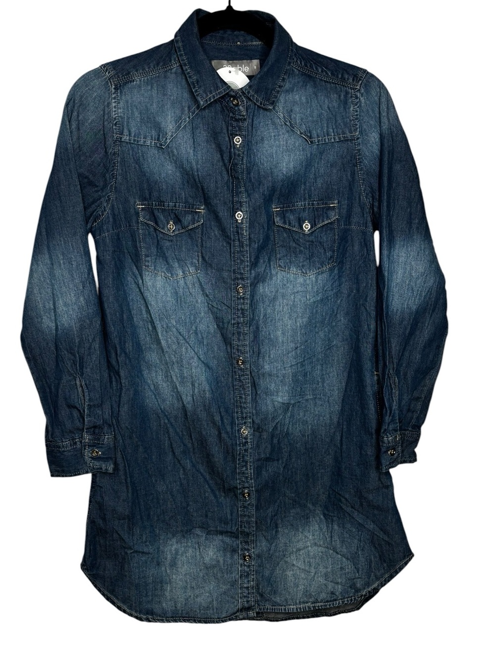 New 2Sable Botique Button Front Denim Mini Dress Tunic Size Small Western Rodeo